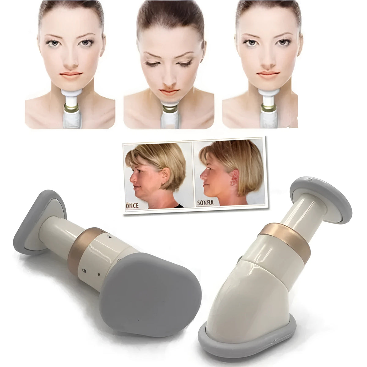 White mini chin massager neck exerciser with 3 resistance springs on white background