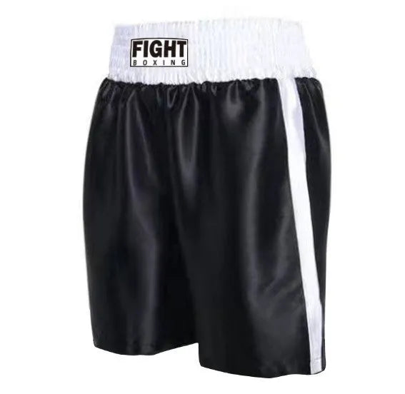 A pair of black and gold waist boxing shorts with an elasticated waistband and drawstring.