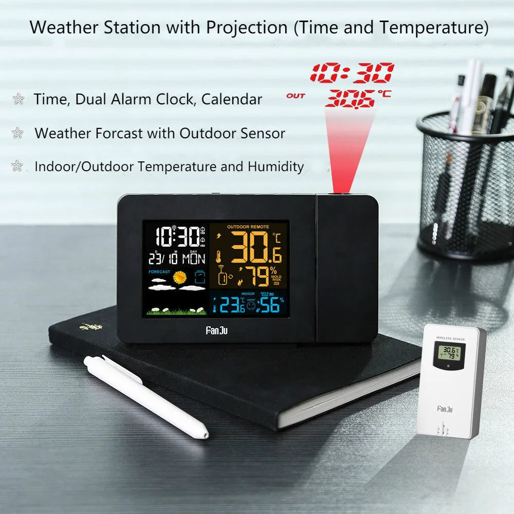 Multifunctional projection alarm clock showing time and temperature, with outdoor sensor and adapter.
