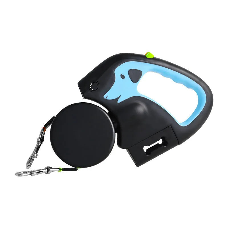 Double-ended retractable dog lead in ABS for walking two dogs, shown in khaki, light blue, blue or red