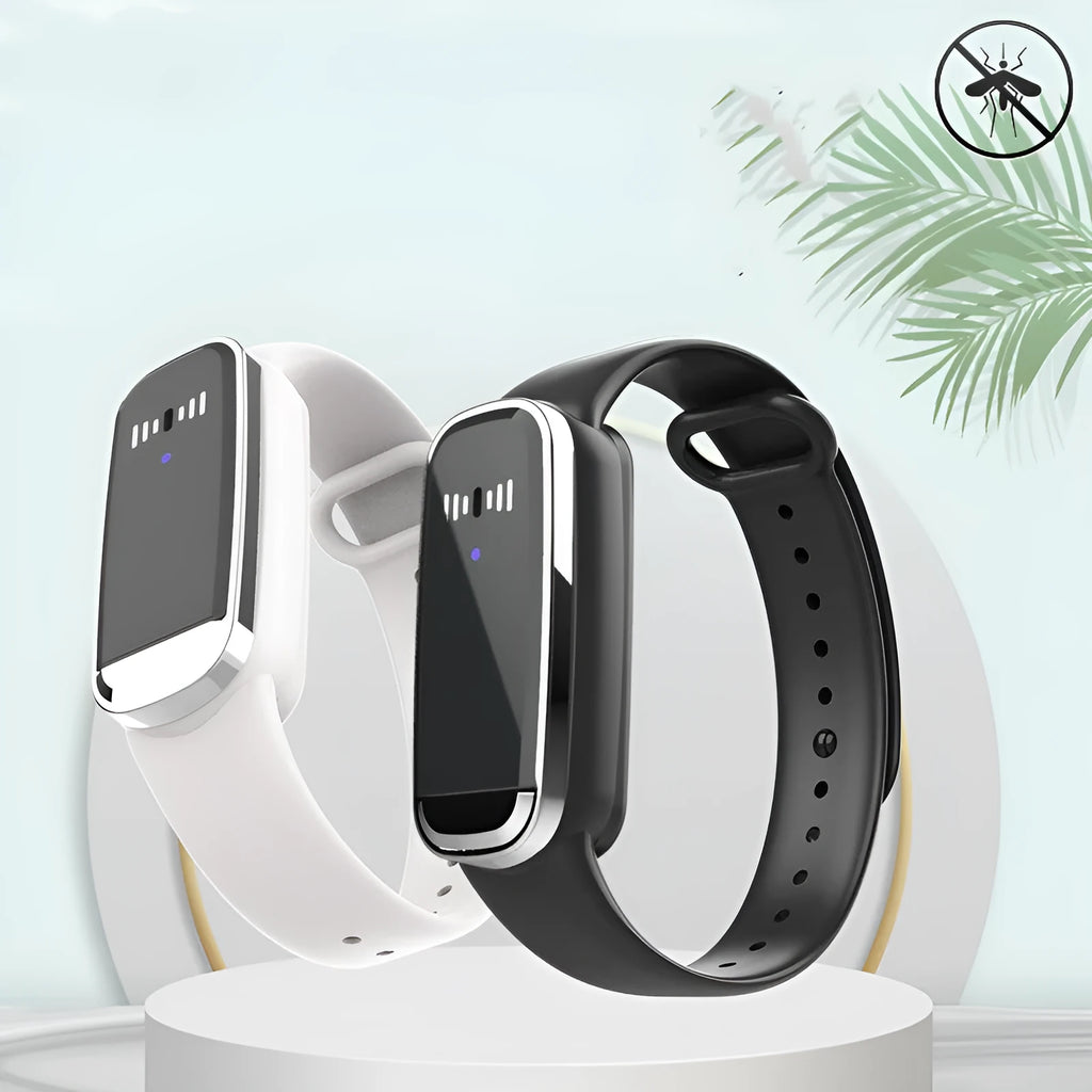 Black and white ultrasonic mosquito repellent bracelet with USB charging cable for pregnancy and baby protection