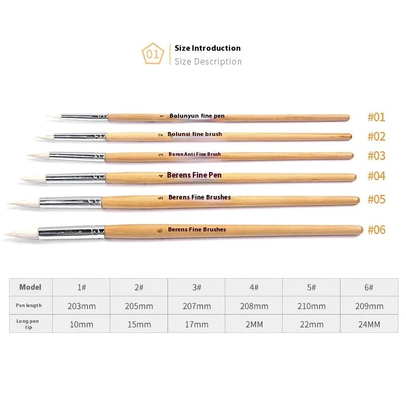 Set of six wooden hook line pen brushes for yarn craft on a table.