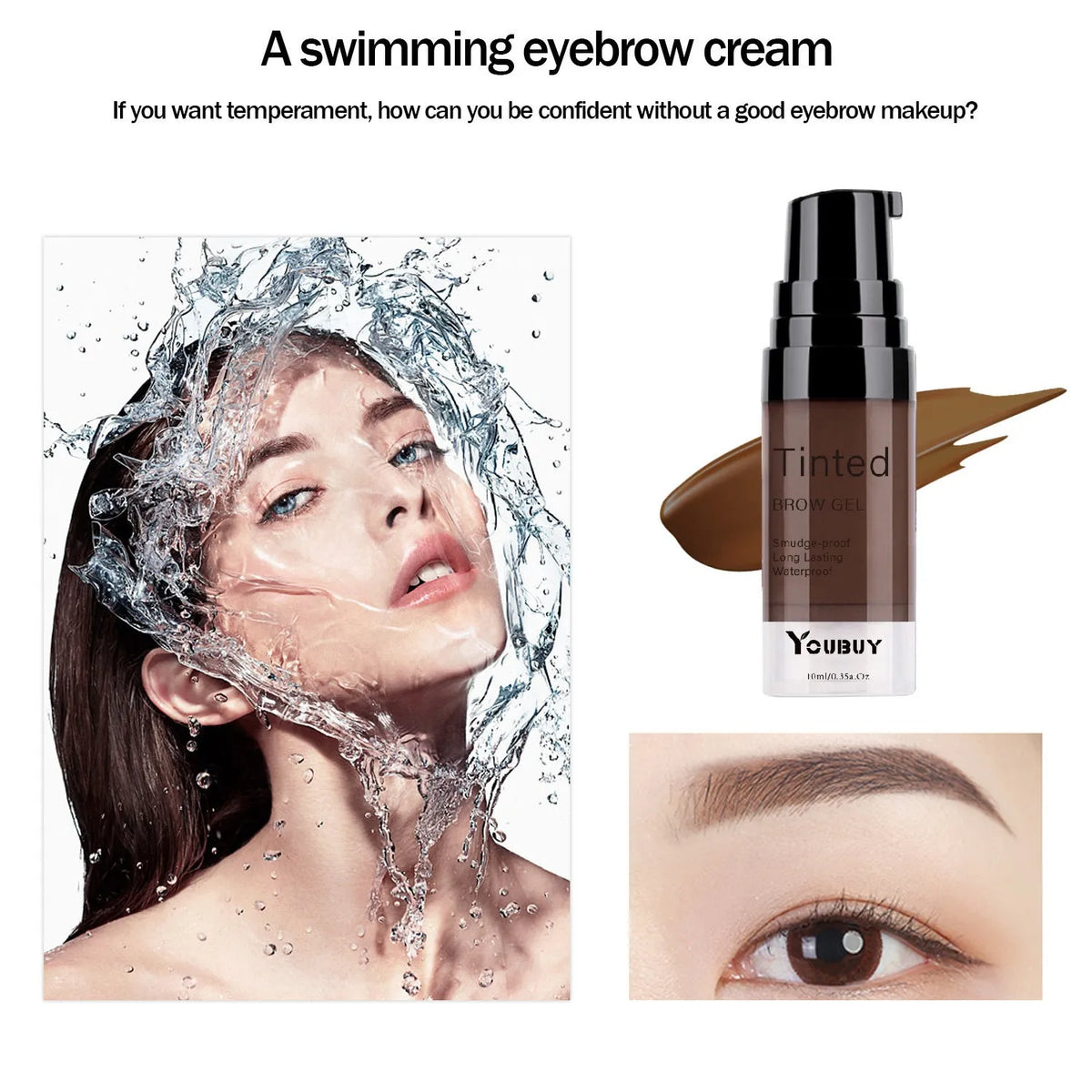 Waterproof brow cream tube with applicator in dark grey or golden yellow for eyebrow definition