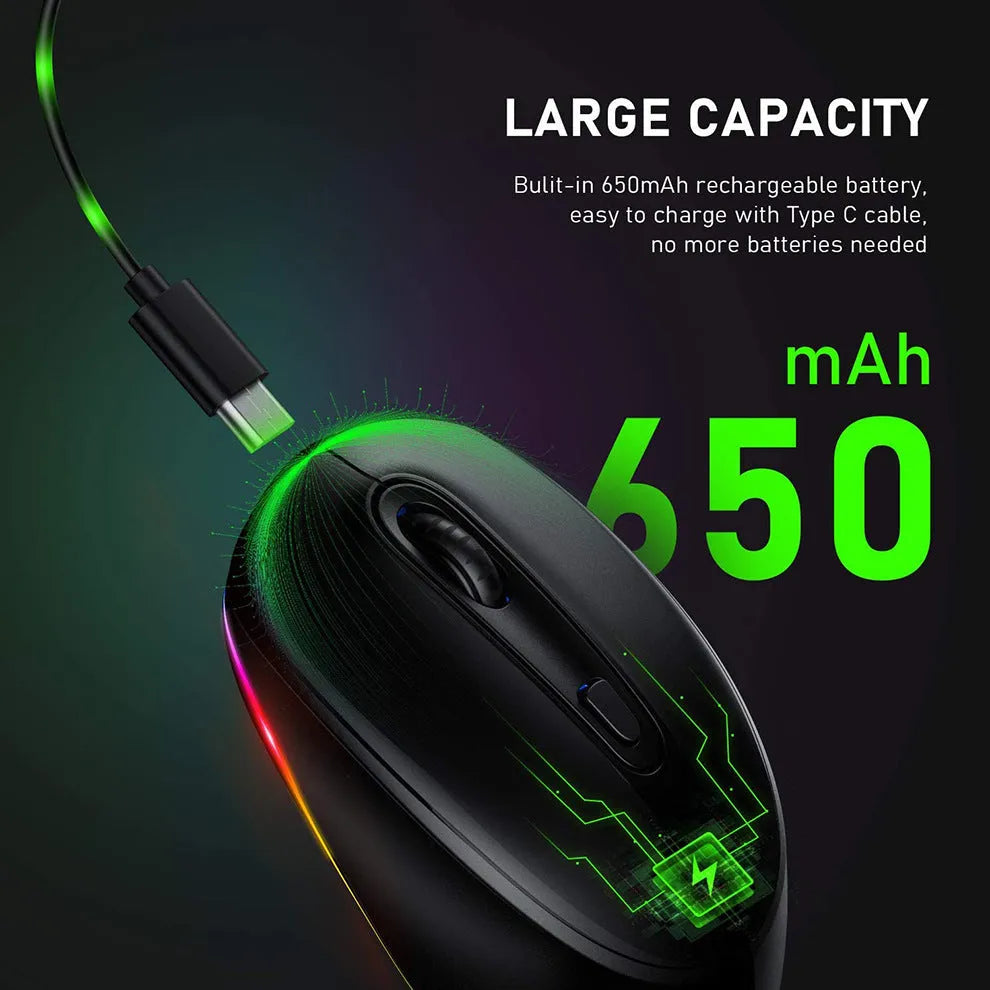 Lightweight 24g wireless rechargeable mouse in multiple colours next to its USB charging cable