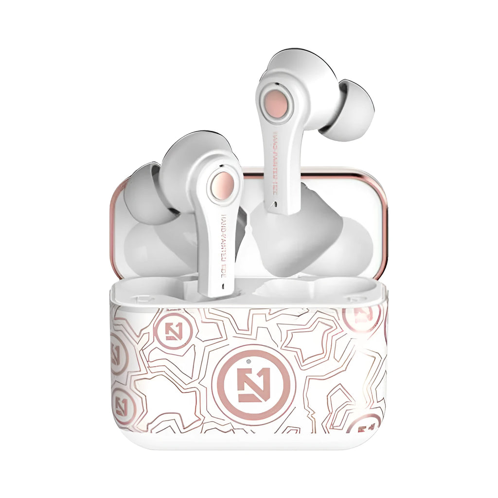 Black and white wireless Bluetooth headset with over-ear design showing multi-point connection and 18-metre range.