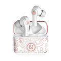 Black and white wireless Bluetooth headset with over-ear design showing multi-point connection and 18-metre range.