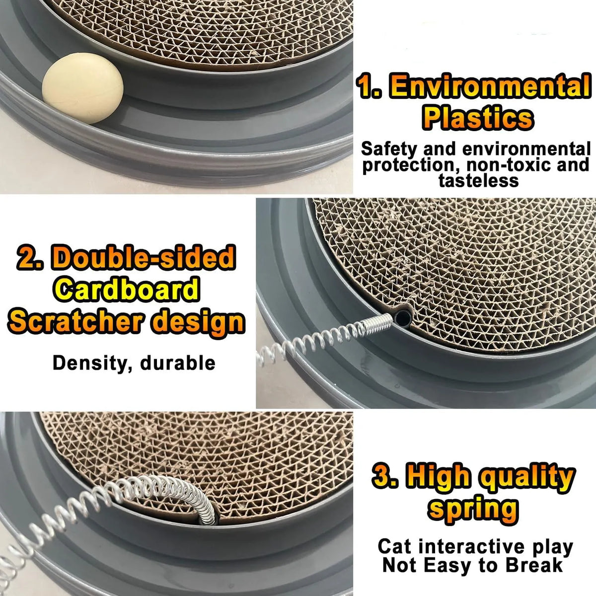 Round blue cat scratcher with ball track and central cardboard scratching pad for furniture protection