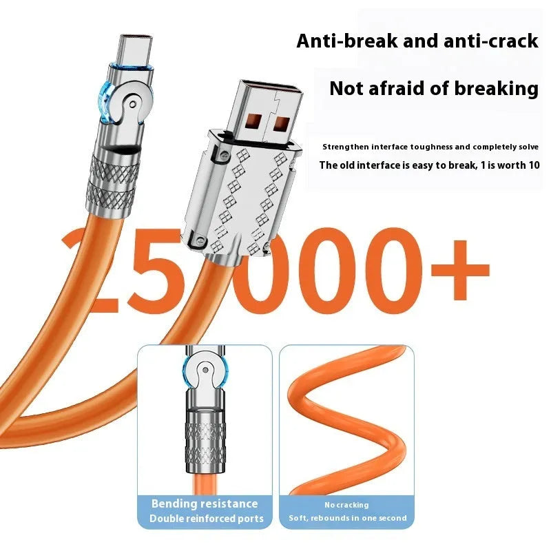 Rotatable USB-C fast charging cable 120W 6A with zinc alloy elbow connector, blue colour, 1m length