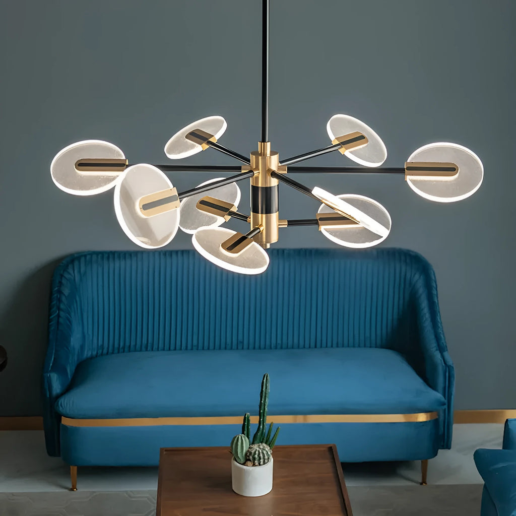 Iron and acrylic LED chandelier pendant light with multiple head options.