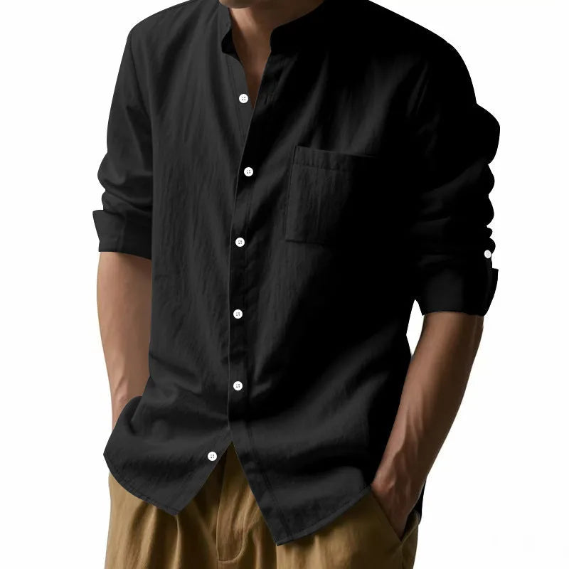 Men's long sleeve stand collar shirt with pockets in light blue, khaki, white, black or dark grey, sizes S to XXXL