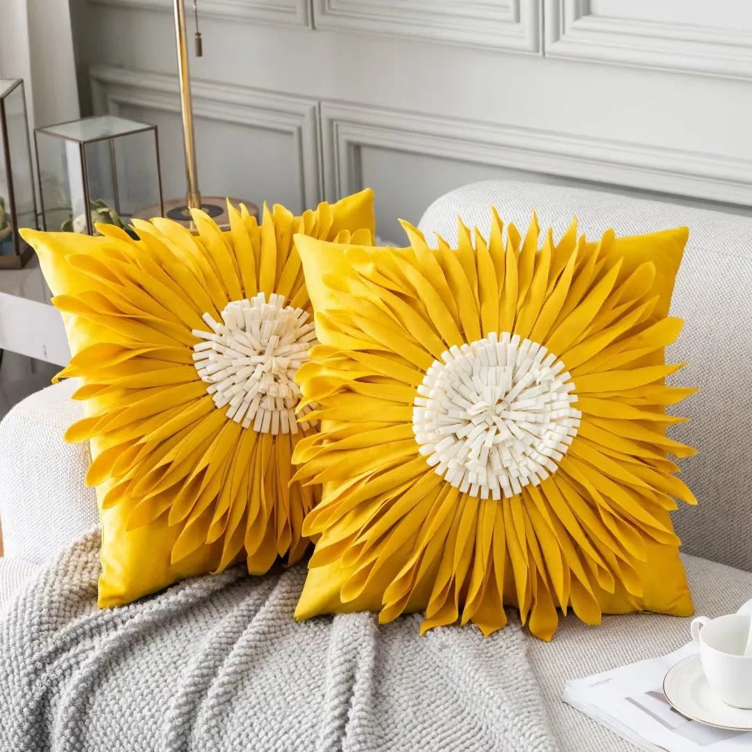 Blue velvet cushion cover with tufted chrysanthemum pattern, 45x45cm, fringed hem