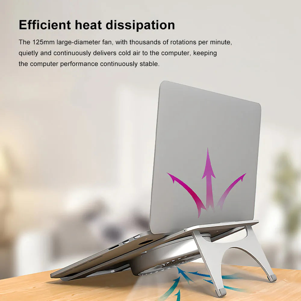 M9 silver aluminium alloy folding laptop stand on desk with closed legs