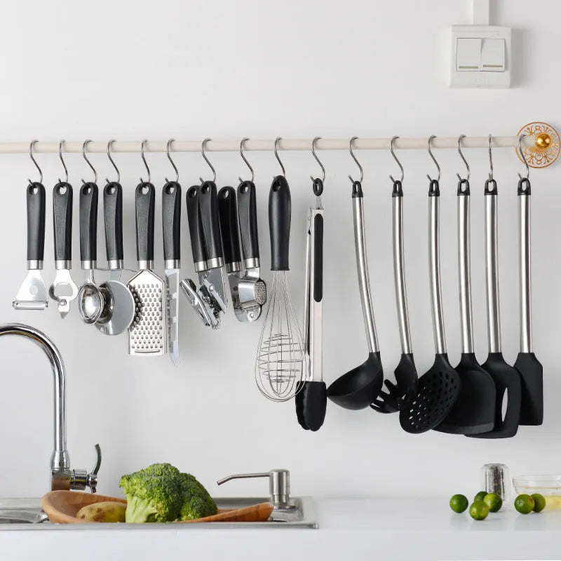 Black silicone spatula spoon set with stainless steel handles - 16 piece kitchen utensils