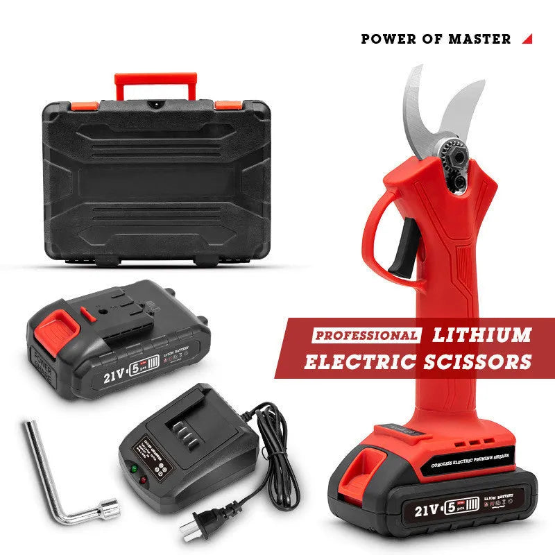 Red rechargeable electric branch shears and electric chainsaw pruning set with plastic box, 220V US outlet option