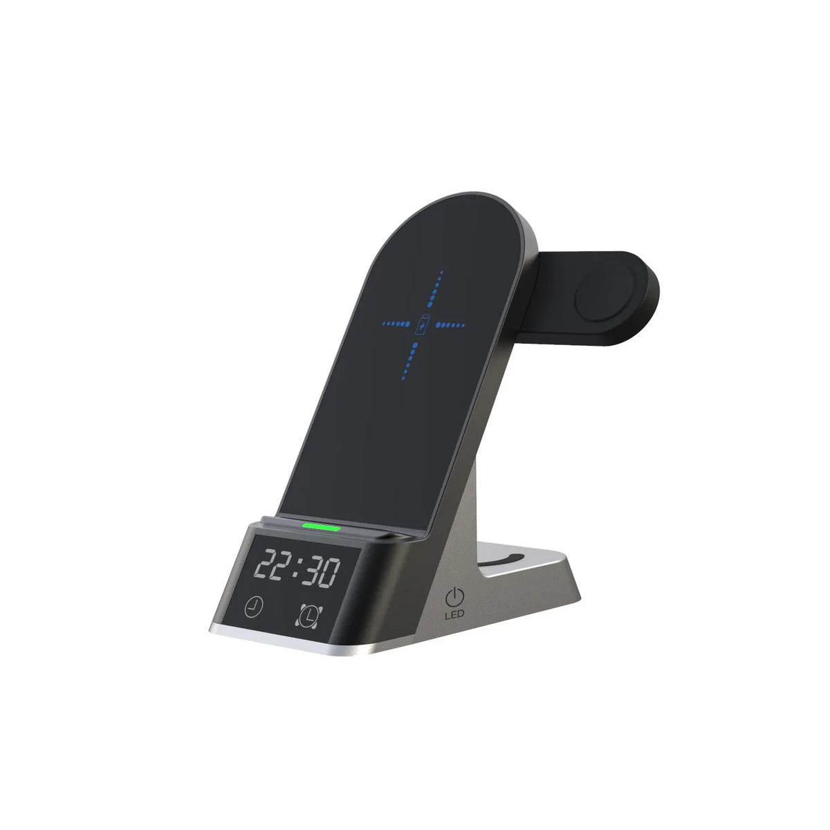 Black multifunctional alarm clock with wireless charging station for phone, Apple Watch, and earbuds