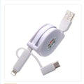 White three-in-one telescopic data cable with USB, Type-C, Micro USB, 8-Pin, and Apple connectors, 1m length