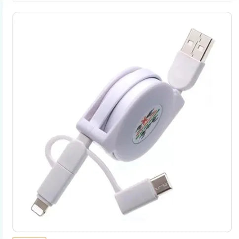 White three-in-one telescopic data cable with USB, Type-C, Micro USB, 8-Pin, and Apple connectors, 1m length