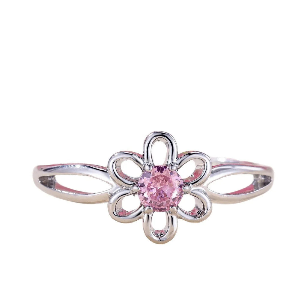 Women's electroplated copper ring with floral hollowed design in platinum pink diamond colour
