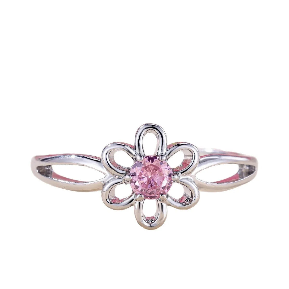 Women's electroplated copper ring with floral hollowed design in platinum pink diamond colour