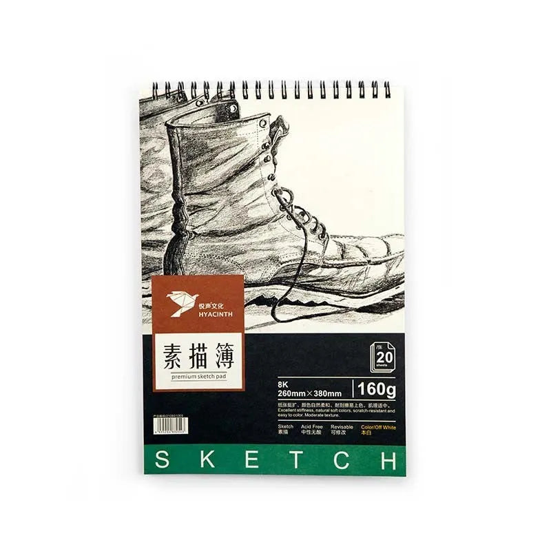 A4 size coil bound sketchbook open flat on a table, showing blank 160g paper.