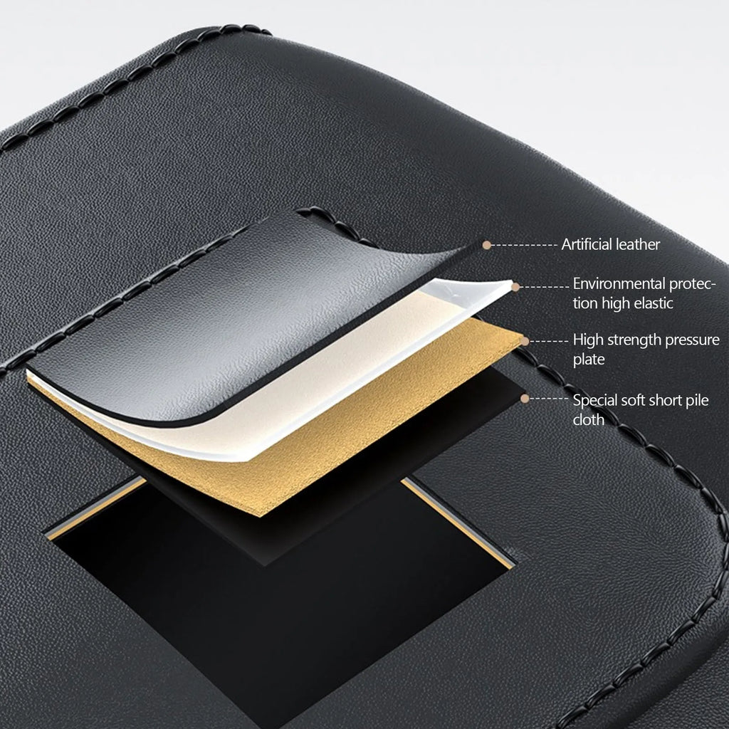 Black PU leather car seat gap storage box with sponge filling, filling seat gap, cable hole for charging, universal fit.