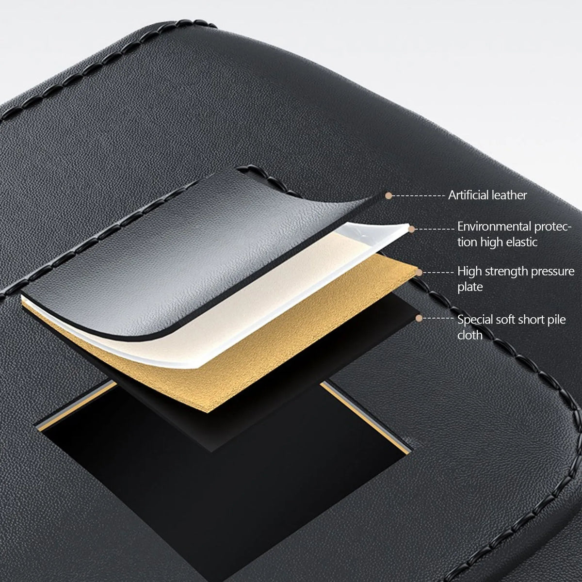 Black PU leather car seat gap storage box with sponge filling, filling seat gap, cable hole for charging, universal fit.