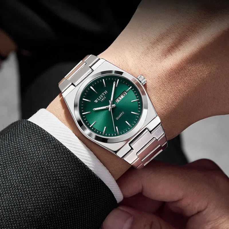 Waterproof luminous quartz ultra-thin men's watch with gold case and silver stripes, 10mm thickness, on display.