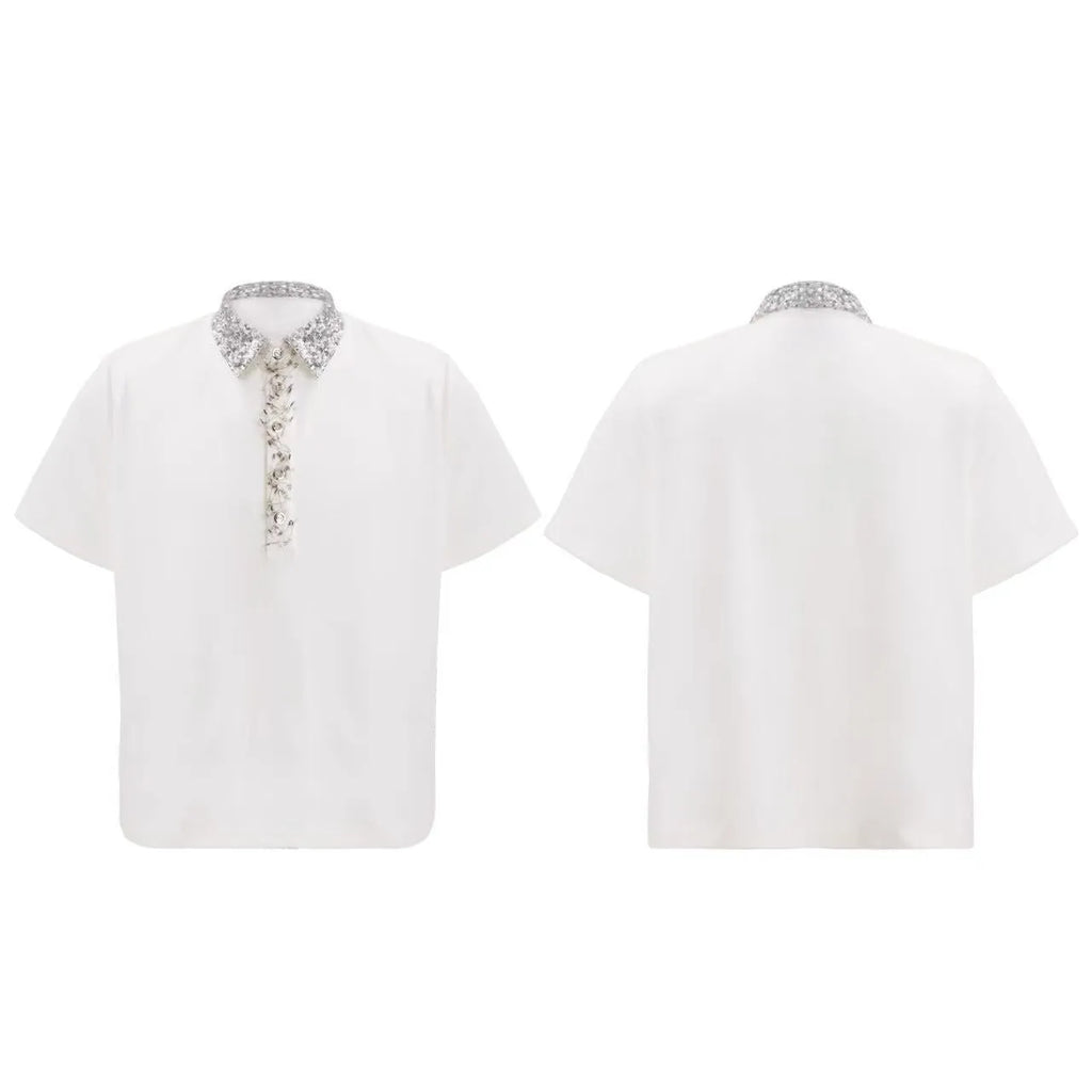 Men's loose fit polo t-shirt with square collar and short sleeves in solid colour