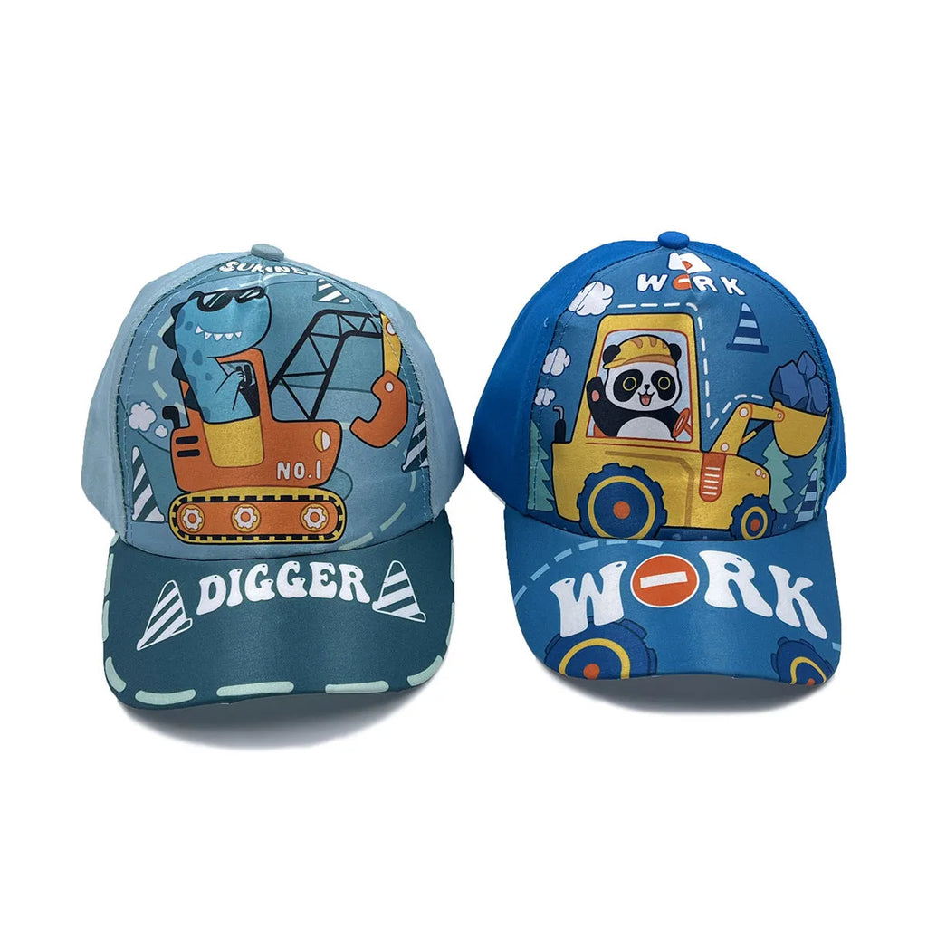 Cartoon children's baseball cap with orange excavator print on a light blue background