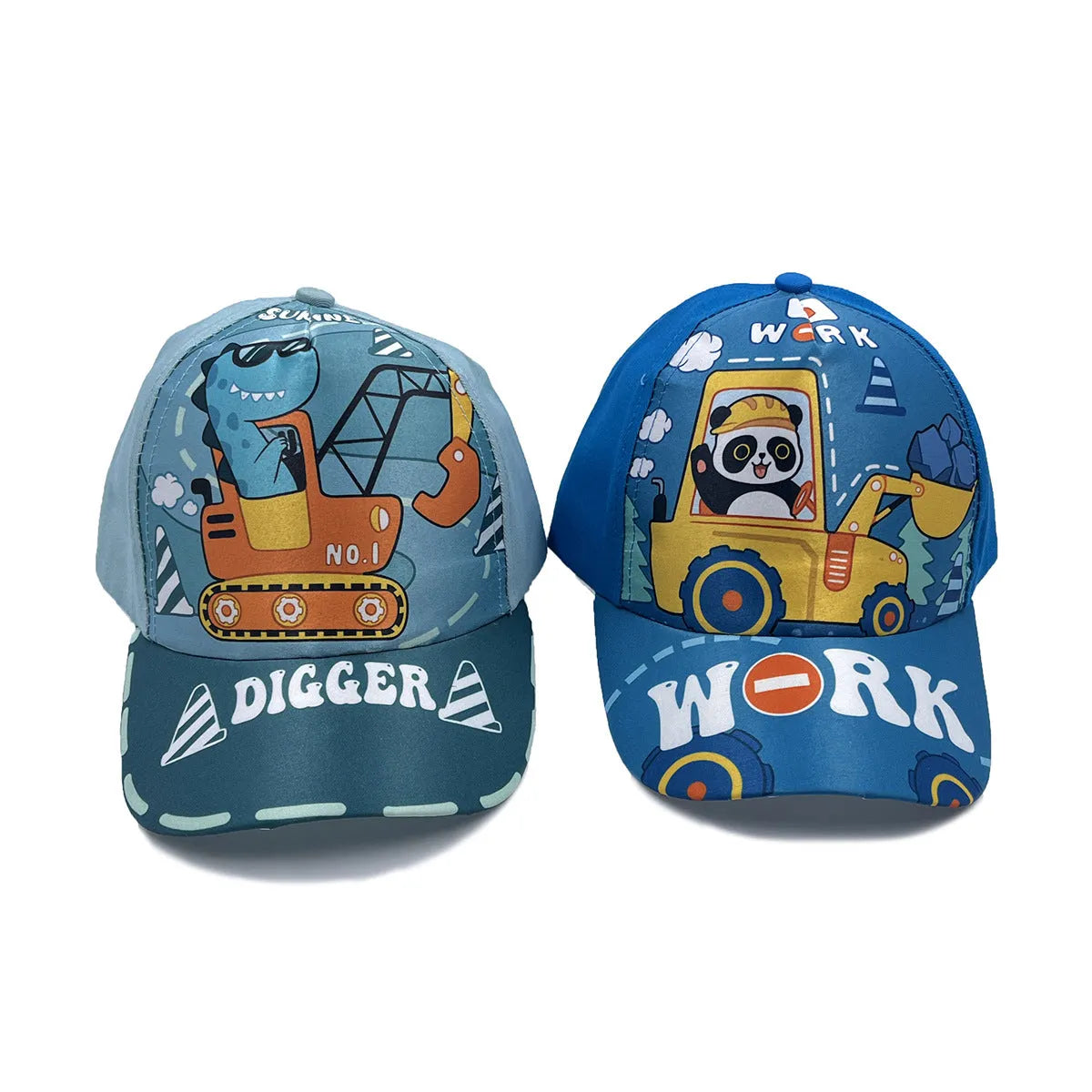 Cartoon children's baseball cap with orange excavator print on a light blue background
