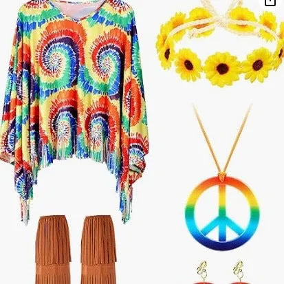 Adult wearing a vibrant tie dye cloak costume with large bell sleeves, shown in rainbow colours.
