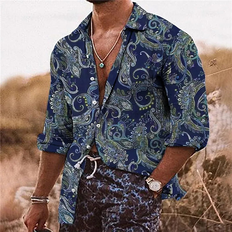 Men's bohemian floral pattern shirt with 3D printing and long sleeves
