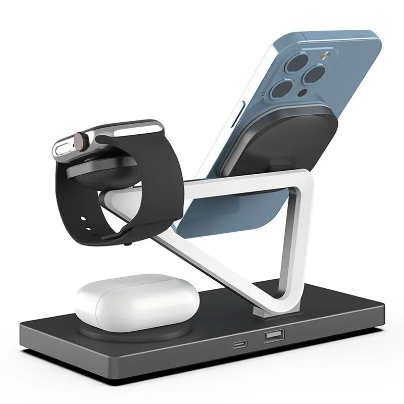 White five-in-one wireless charging station with night lamp, magnetic phone bracket, and watch charging pad on a bedside table.