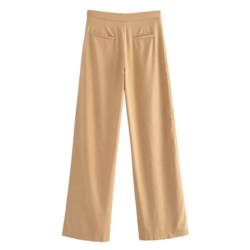 Women's cotton-linen casual trousers in army green, straight leg with mid-waist design