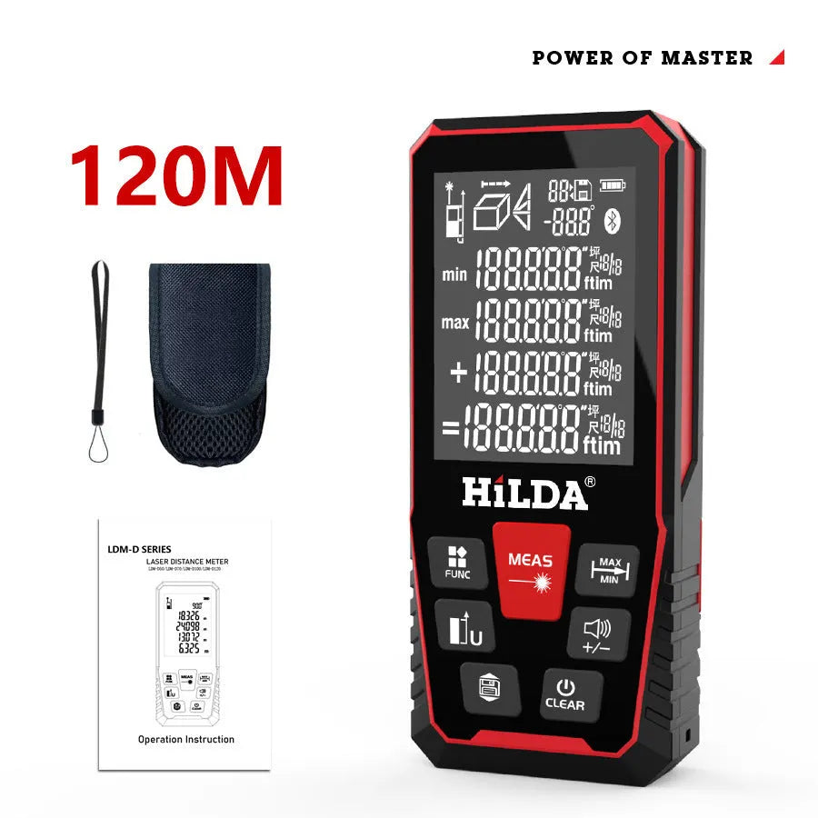 Handheld plastic laser rangefinder for distance measurement up to 120 metres.