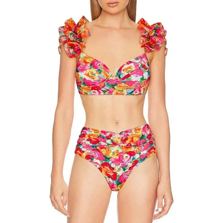 Women's floral high waist push up bikini swimsuit with skirt option