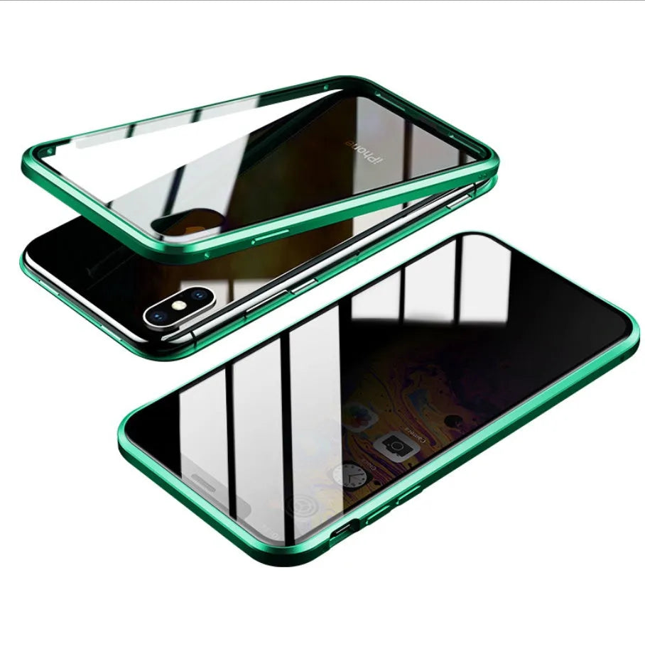 Geometric patterned glass clamshell case for iPhone in multiple colour options on a dark surface.