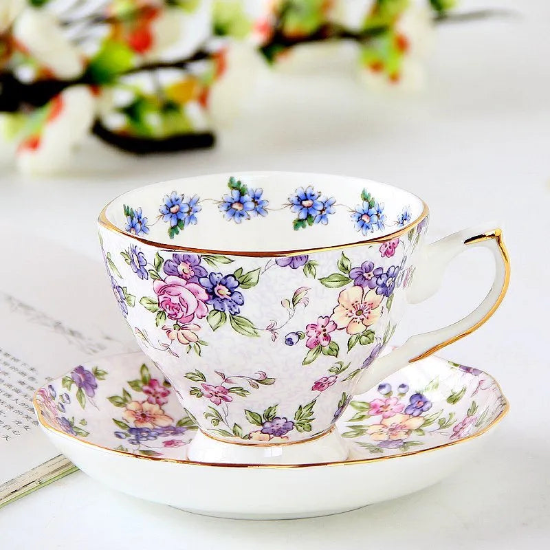 Porcelain ceramic plates and cups set with saucer in European pastoral style for coffee and dining