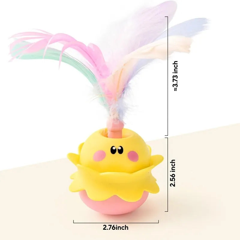 Pink interactive automatic cat feather toy with 360° rotation, LED light, and detachable feathers.