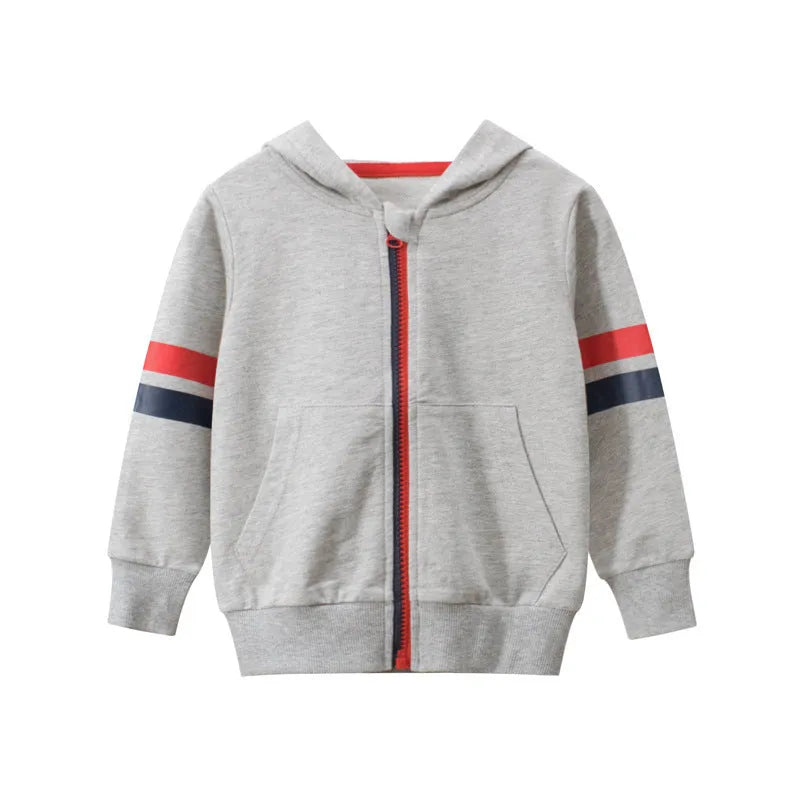 Boys hooded zip-up cotton sweater in grey or navy blue, long sleeve round neck, sizes 90-140cm