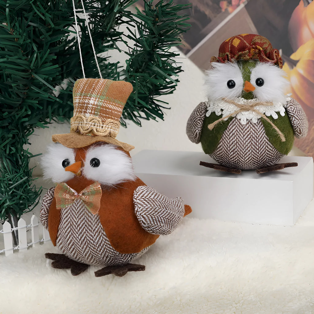 Orange and green harvest owl cloth pendant ornament for Thanksgiving window or desktop decor
