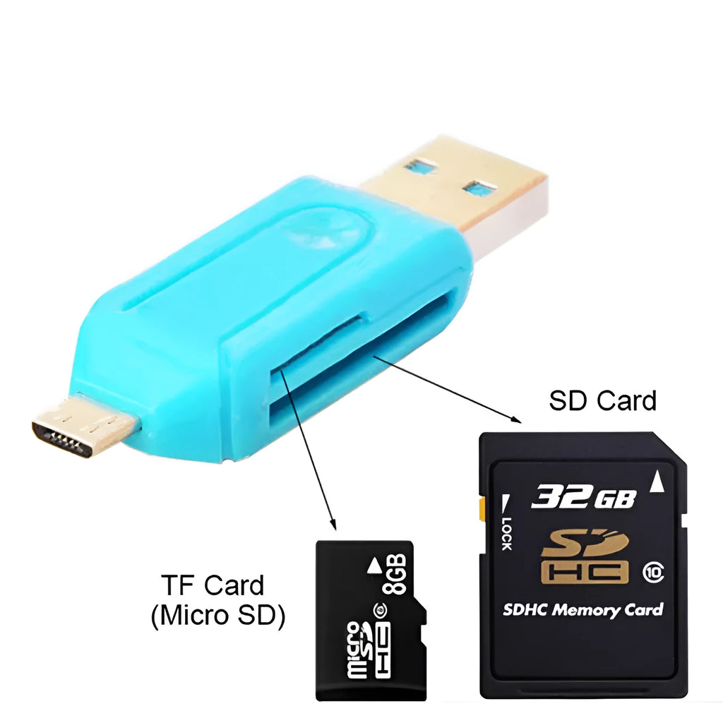 OTG card reader with USB and micro USB connectors in white, pink, green, blue or black colours