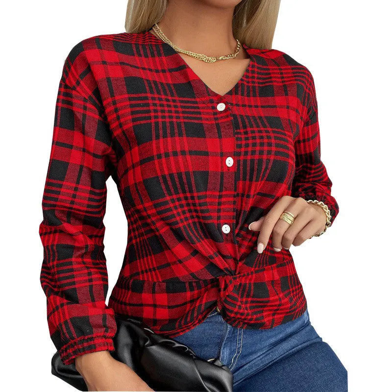 Women's purple grey red plaid loose fit shirt with regular sleeves in polyester fabric