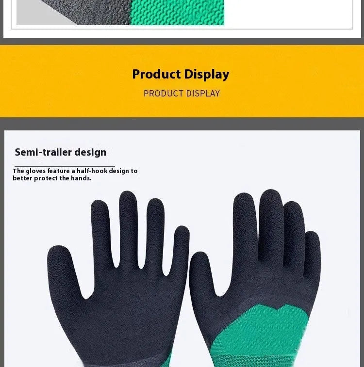 Pair of black and green rubber work gloves with a 13-stitch construction for wear-resistant, non-slip labour protection.