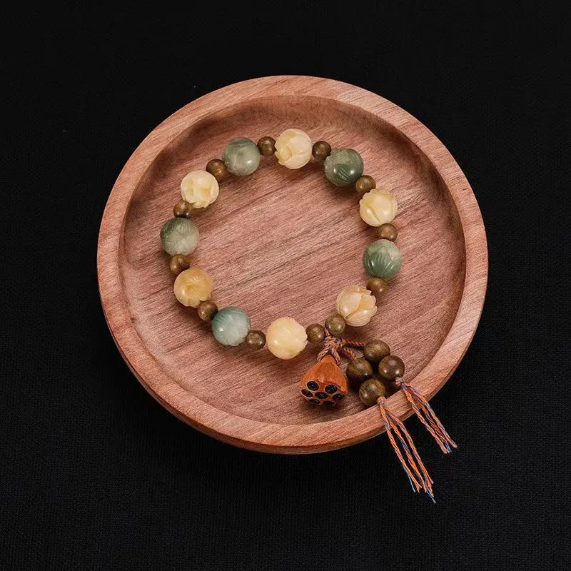 Hand-carved pumpkin lotus beads bracelet in white jade and bodhi root with multiple bead sizes