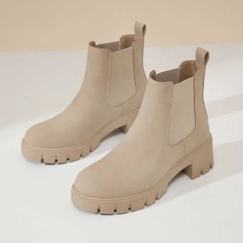 Women's thick bottom suede Dr Martens boots in brown with mid heel and side zip
