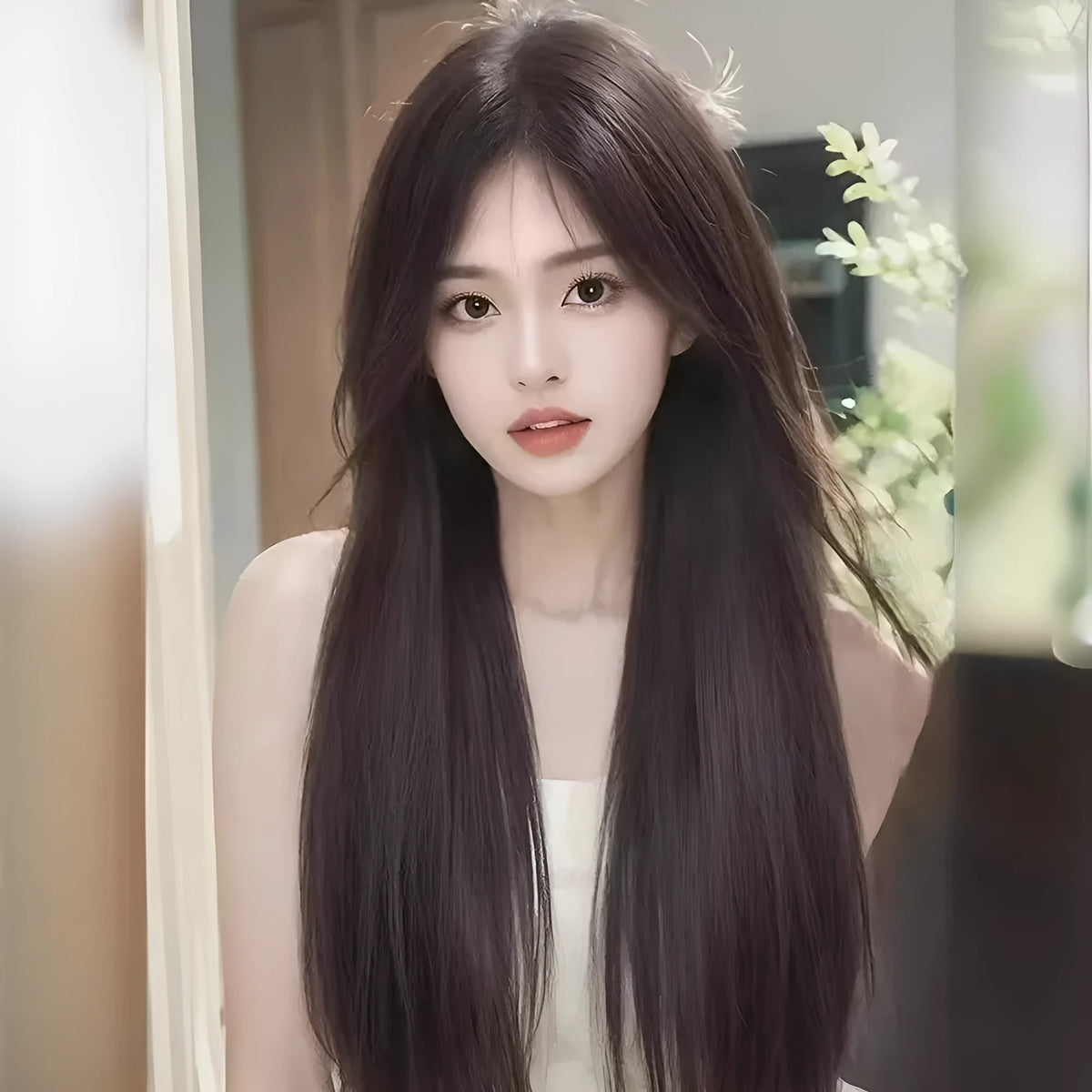 Black long straight synthetic wig with forehead lace and side bangs on a model.