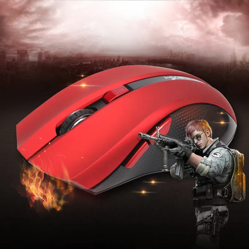 Black wireless optical mouse with 2400 DPI ergonomic design and four-way wheel for laptop or office use