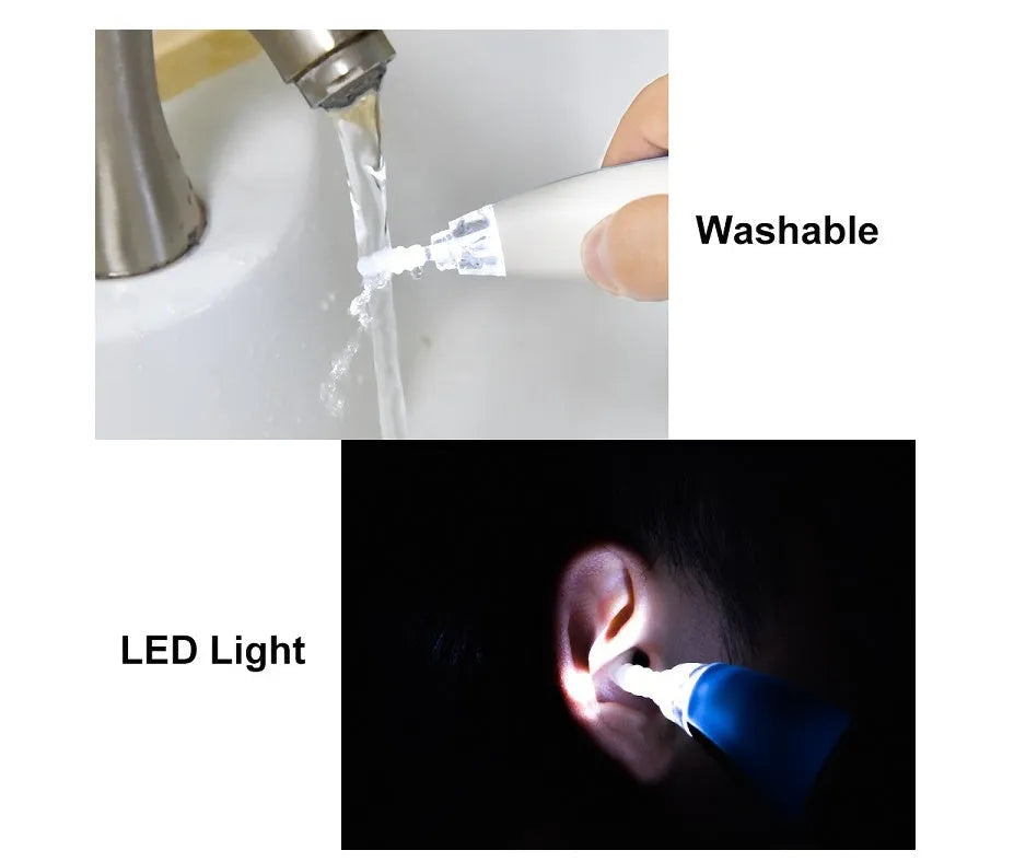 Rotating earwax vacuum cleaner with silicone spiral head, large blue handle, and LED light on display
