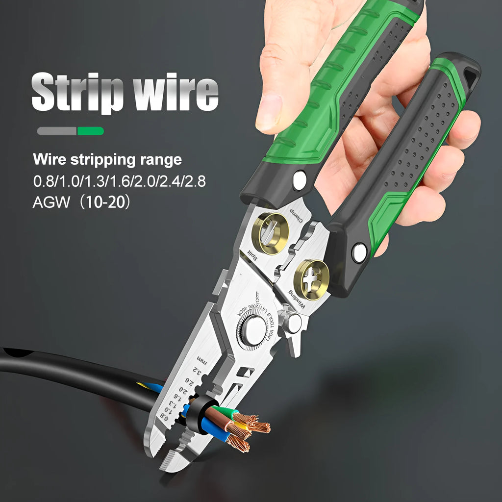 Stainless steel 7-in-1 wire stripper and crimping pliers with two-colour ABS handle